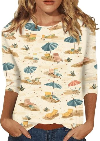 قميص هاواي للنساء بالإضافة إلى حجم الصيف 3/4 قميص الأكمام Womans Crewneck Tropical Print Tunic Tunic Tops for Women in Saudi Arabia