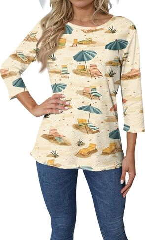 قميص هاواي للنساء بالإضافة إلى حجم الصيف 3/4 قميص الأكمام Womans Crewneck Tropical Print Tunic Tunic Tops for Women in Saudi Arabia