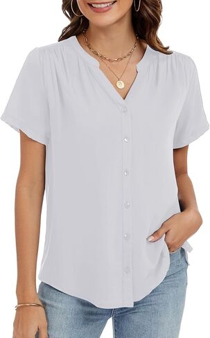 Womens Summer Short Sleeve V Neck Dressy Casual Button Business Work Blouse Tops in Kuwait