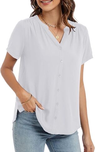 Womens Summer Short Sleeve V Neck Dressy Casual Button Business Work Blouse Tops in Kuwait