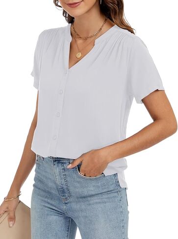 Womens Summer Short Sleeve V Neck Dressy Casual Button Business Work Blouse Tops in Kuwait