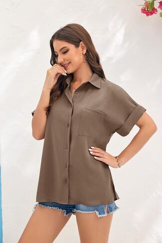 Beautife Womens V Neck Button Down Shirt Loose Casual Summer Short Sleeve Top Blouses with Pockets in Kuwait