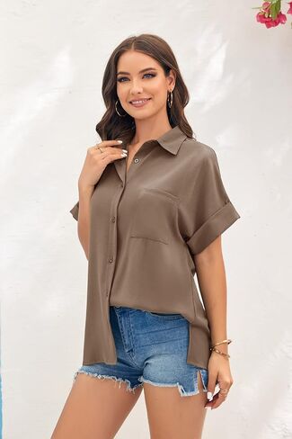 Beautife Womens V Neck Button Down Shirt Loose Casual Summer Short Sleeve Top Blouses with Pockets in Kuwait