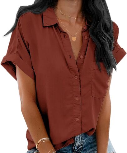 Beautife Womens V Neck Button Down Shirt Loose Casual Summer Short Sleeve Top Blouses with Pockets in Kuwait