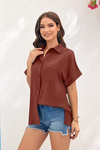 Beautife Womens V Neck Button Down Shirt Loose Casual Summer Short Sleeve Top Blouses with Pockets in Kuwait