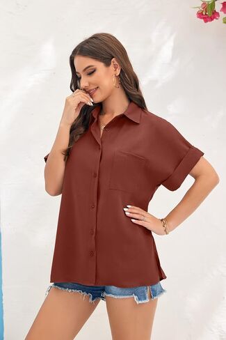 Beautife Womens V Neck Button Down Shirt Loose Casual Summer Short Sleeve Top Blouses with Pockets in Kuwait