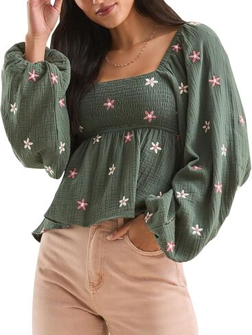Women Floral Embroidered Blouses Long Lantern Sleeve Smocked Top Y2k Square Neck Babydoll Shirts Vintage Flowy Tops in Saudi Arabia