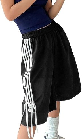 Obenie Women Baggy Striped Athletic Shorts Y2K Side Stripe Baggy Bermuda Shorts Summer Knee Length Wide Leg Shorts in Saudi Arabia