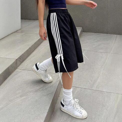 Obenie Women Baggy Striped Athletic Shorts Y2K Side Stripe Baggy Bermuda Shorts Summer Knee Length Wide Leg Shorts in Saudi Arabia