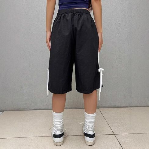 Obenie Women Baggy Striped Athletic Shorts Y2K Side Stripe Baggy Bermuda Shorts Summer Knee Length Wide Leg Shorts in Saudi Arabia