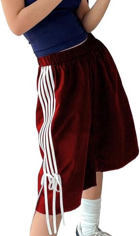 Obenie Women Baggy Striped Athletic Shorts Y2K Side Stripe Baggy Bermuda Shorts Summer Knee Length Wide Leg Shorts in Saudi Arabia