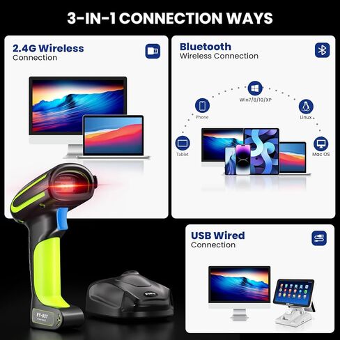 Eyoyo Upgraded 2D Industrial Bluetooth Barcode Scanner with Wireless Charging Stand, IP65 Waterproof & Shock Dust Proof, Hands-Free Wireless QR Bar Code Reader, Compatible with Laptop Desktop Android in Saudi Arabia