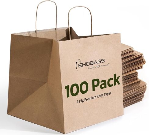 EKOBAGS. Sienna Kraft Paper Gift Bags with Handles | Sturdy Brown Paper Bags Bulk for Retail, Shopping, Party Favors & Small Business | 100% Recyclable & Sustainable | 12x8x13 inches, 50-Pack in Saudi Arabia