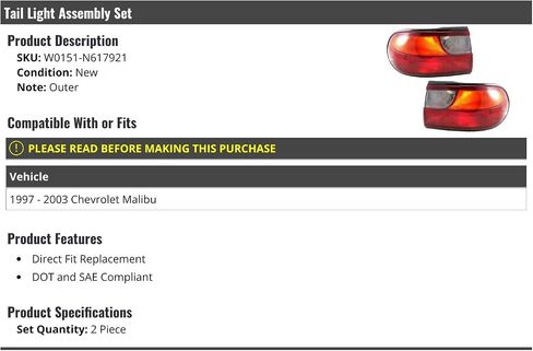 Outer Tail Light Assembly - Set of 2 - Compatible with 1997-2003 Chevy Malibu in Saudi Arabia