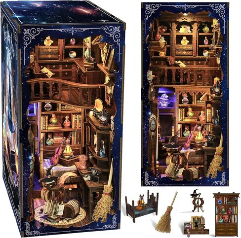 Book Nook Kit with Dust Cover & Stickers, Dust Cover, Bookshelf Insert Decor for Birthday, 3D Wooden Bookends Puzzle, Miniature Dollhouse Kit for Adults, Teens, Beginners（Philosophical Library） in Saudi Arabia