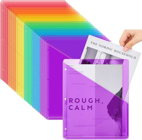 Seajan 24 Pcs Binder Pockets for 3 Ring Binder Clear Plastic Folders Sleeves 3 Hole Punch Document Dividers Poly Slash File Jacket Organizer with 2 Pockets for Office School in Saudi Arabia