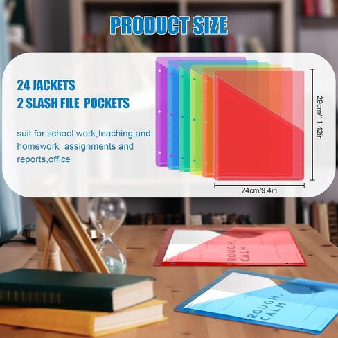 Seajan 24 Pcs Binder Pockets for 3 Ring Binder Clear Plastic Folders Sleeves 3 Hole Punch Document Dividers Poly Slash File Jacket Organizer with 2 Pockets for Office School in Saudi Arabia