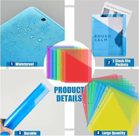 Seajan 24 Pcs Binder Pockets for 3 Ring Binder Clear Plastic Folders Sleeves 3 Hole Punch Document Dividers Poly Slash File Jacket Organizer with 2 Pockets for Office School in Saudi Arabia