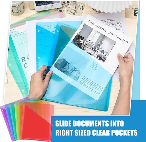 Seajan 24 Pcs Binder Pockets for 3 Ring Binder Clear Plastic Folders Sleeves 3 Hole Punch Document Dividers Poly Slash File Jacket Organizer with 2 Pockets for Office School in Saudi Arabia