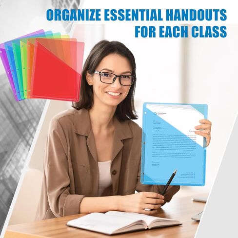 Seajan 24 Pcs Binder Pockets for 3 Ring Binder Clear Plastic Folders Sleeves 3 Hole Punch Document Dividers Poly Slash File Jacket Organizer with 2 Pockets for Office School in Saudi Arabia