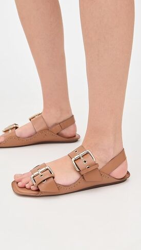 Women's Blossom Buckle Sandal Flat, Black Leather, 9.5 in Saudi Arabia