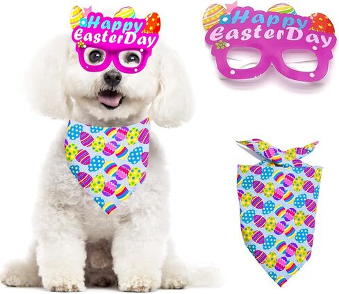Easter Dog Bandana 2 Pack Rabbit Egg Glasses Frame Triangle Scarf Set for Boy and Girl, Easter Dog Costumes for Medium Puppy Cats Party Supplies Eyeglasses Easter Photo Props Accessory (Blue) in Saudi Arabia