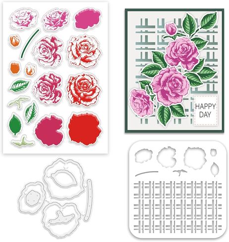 INFUNLY 3pcs Floral Pattern Clear Stamps and Cutting Dies Set for Card Making Metal Rectangular Frame Die Cuts DIY Flowers Draw Painting Stencils Flowers Rubber Stamps for Scrapbooking Craft Decor in Kuwait