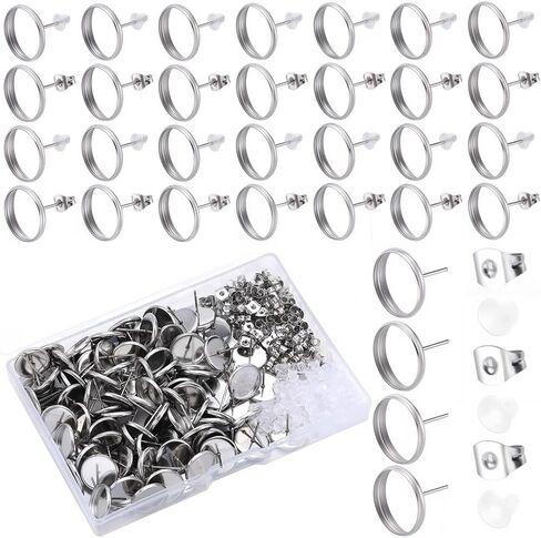 1 Box 100Pcs 10Mm Stud Earring Blanks Cabochon Stud Earring Blanks Hypoallergenic Stainless Steel Flat Round Earring Studs with Ear Nut Silver Ear Posts for Jewelry Making Supplies DIY Crafts in Saudi Arabia