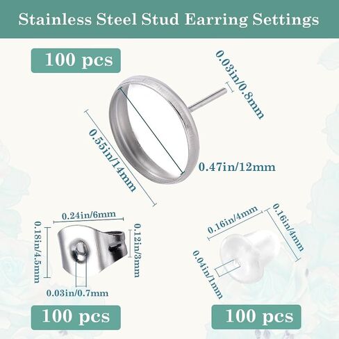 1 Box 100Pcs 10Mm Stud Earring Blanks Cabochon Stud Earring Blanks Hypoallergenic Stainless Steel Flat Round Earring Studs with Ear Nut Silver Ear Posts for Jewelry Making Supplies DIY Crafts in Saudi Arabia