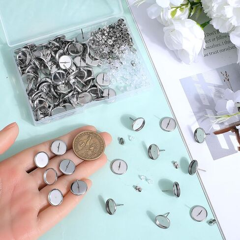 1 Box 100Pcs 10Mm Stud Earring Blanks Cabochon Stud Earring Blanks Hypoallergenic Stainless Steel Flat Round Earring Studs with Ear Nut Silver Ear Posts for Jewelry Making Supplies DIY Crafts in Saudi Arabia