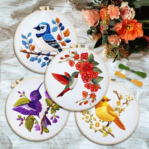 INFUNLY 4 Sets Bees and Flower Embroidery Kits for Beginner DIY Cross Stitch Starter Sets with Instruction Sunflower Honeybees Handmade Needlepoint Kits with Embroidery Cloth Colored Thread Hoop Tools in Saudi Arabia