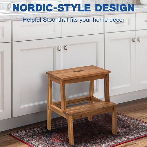 Acaia Wood 2 Step Stool, Waterproof Wooden Step Stool for Adults, 20 Inch Tall Wood Short Footstool Suitable for Bathroom, Kitchen, Bathroom, Bedroom in Kuwait