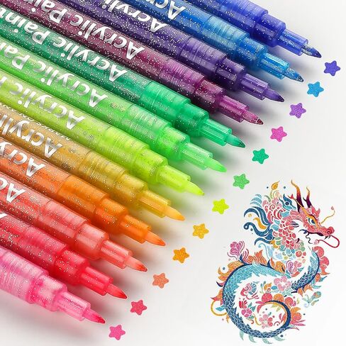 MaxGear Acrylic Paint Pens Glitter Markers Pen Set 12 Pack Colors Drawing Markers 0.7mm Ultra Fine Point Tip Paint Marker for DIY Christmas Crafts Greeting Birthday Cards Making Poster Album Mugs in Saudi Arabia