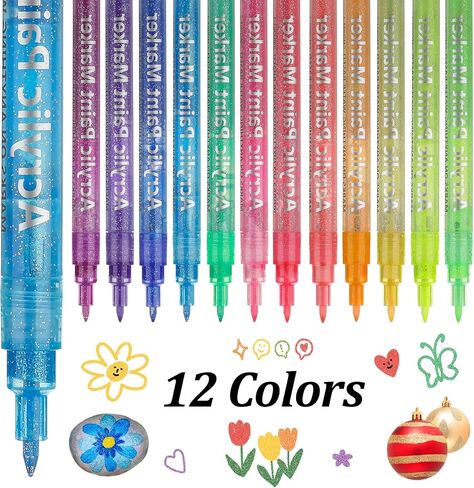 MaxGear Acrylic Paint Pens Glitter Markers Pen Set 12 Pack Colors Drawing Markers 0.7mm Ultra Fine Point Tip Paint Marker for DIY Christmas Crafts Greeting Birthday Cards Making Poster Album Mugs in Saudi Arabia