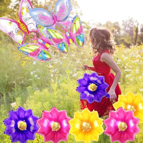 10 Pcs Foil Flower Butterfly Balloons, Colorful Butterfly Balloon with Floral Balloon, Sunflower Shaped Mylar Balloons, Spring Summer Floral Balloons for Birthday Party Decorations (10PCS) in Kuwait