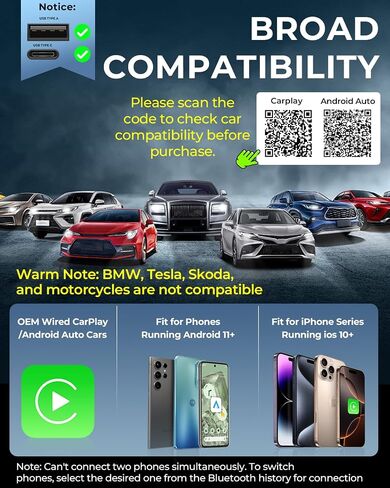 AuroraLink Wireless Carplay Adapter for Apple iPhone & Android Auto 2-in-1 Fast & Stable Carplay Wireless Adapter Convert Wired to Wireless Car Play Dongle for iOS 10+/Android 11+ (Grey) in Kuwait