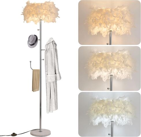 Feather Floor Lamp With Coat Rack - Modern Metal Hall Tree With 5 Hooks for Living Room, Bedroom - Standing Pole Lamp for Reading in Saudi Arabia