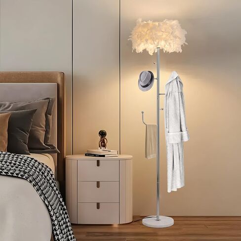 Feather Floor Lamp With Coat Rack - Modern Metal Hall Tree With 5 Hooks for Living Room, Bedroom - Standing Pole Lamp for Reading in Saudi Arabia