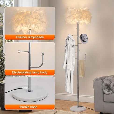 Feather Floor Lamp With Coat Rack - Modern Metal Hall Tree With 5 Hooks for Living Room, Bedroom - Standing Pole Lamp for Reading in Saudi Arabia
