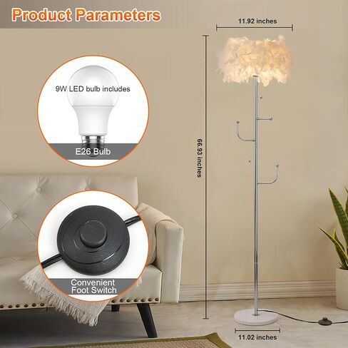 Feather Floor Lamp With Coat Rack - Modern Metal Hall Tree With 5 Hooks for Living Room, Bedroom - Standing Pole Lamp for Reading in Saudi Arabia