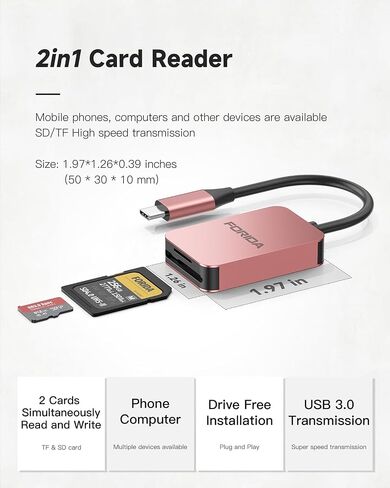 Forida USB C SD Card Reader ، USB 3.0 High Speed ​​Dual Card Adapter لـ iPhone 15 16/iPad/MacBook/Mac ، يدعم قارئ بطاقة الذاكرة بطاقة SD و TF Card 2 في وقت واحد ، محول بطاقة SD المحمولة المحمولة in Kuwait