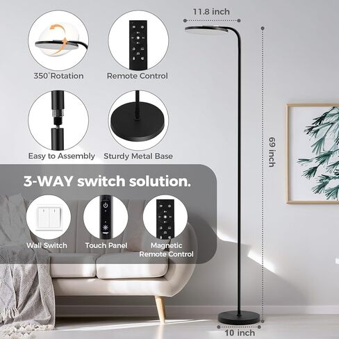 Floor Lamps for Living Room,LED 2400LM/36W Standing Lamp with Table Dimmable 69" Tall Corner Light with Remote & Touch Control &350° Rotating Head Floor Lamps for Bedroom, Office, Black in Saudi Arabia