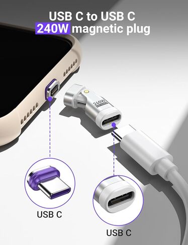 AUFU PD 240W 16PIN USB C ADAPTER MANGETER (2PACK)/USB C 90 درجة محول/محولات الزاوية اليمنى/مغناطيسي C إلى C لسلسلة 1/15 ، سلسلة MA-Book Pro/1PAD ، Samsung Galaxy ، Google Pixel in Kuwait