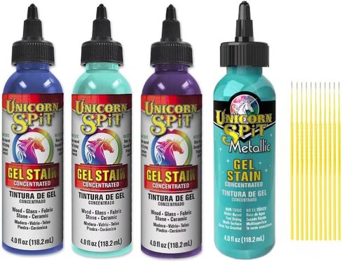 Unicorn SPiT Gel and Glaze Stain Celebration Collection: 4, 4oz. Bottles with Trebbies Detail Sticks (Zia Teal, Purple Hill Majesty, Pixie Punk Pink, Zeus Gold) in Saudi Arabia
