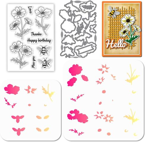 GLOBLELAND Anemone Flower Clear Stamps and Flower Blessings Cutting Dies with Hollow Out Drawing Painting Stencils for DIY Scrapbooking Photo Album Decorative Cards Making Decoration in Saudi Arabia