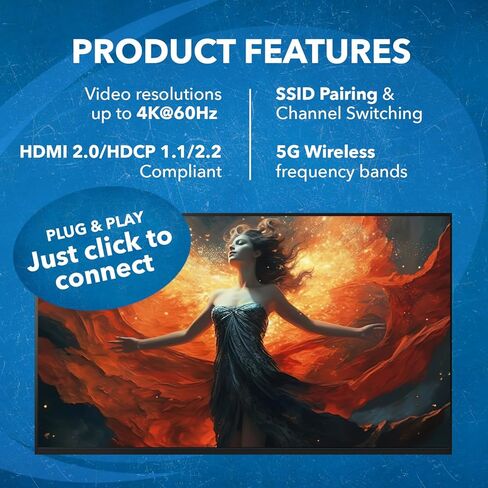 OREI Wireless HDMI Extender Transmitter & Receiver Dongle UtraHD 5.1-5.2 Ghz Up to 1080p - Upto 60 Feet - Perfect for Streaming from Laptop, PC, Cable, Netflix, YouTube, PS4 to HDTV/Projector in Kuwait