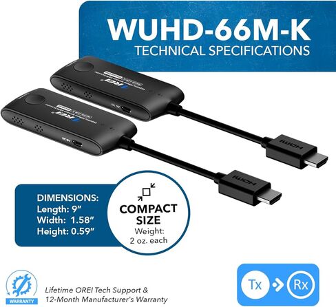OREI Wireless HDMI Extender Transmitter & Receiver Dongle UtraHD 5.1-5.2 Ghz Up to 1080p - Upto 60 Feet - Perfect for Streaming from Laptop, PC, Cable, Netflix, YouTube, PS4 to HDTV/Projector in Kuwait