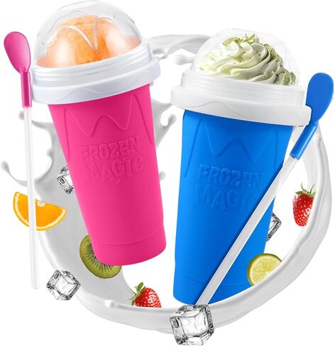 صانع صانع Slushy Squeeze Cup ، كوب مضغوط عصير محمول للعصائر ، الحليب والآيس كريم ، طبقات مزدوجة السيليكا مع الغطاء والقش للأطفال والأصدقاء والعائلة (الأزرق) بواسطة Sub Zero Slush Snow كثيرًا in Kuwait