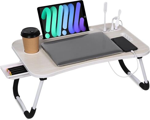 23.6 inch Portable Bed Desk, Folding Lap Desk with 4 USB Ports, Wind Fan, LED Light, Cup Holder and Side Drawer for Working, Reading, Writing, Eating on Bed, Sofa, Floor (Pink) in Saudi Arabia