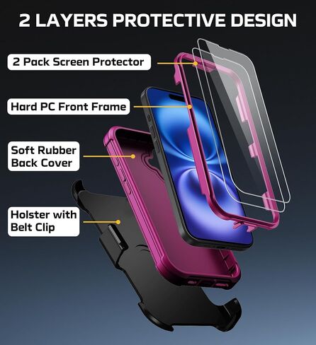 للحصول على قضية iPhone 16 مع حامي شاشة 2x + [Kickstand & Belt Clip Holster] ، فإن حماية قطرة العسكرية العسكرية المصدّة الثقيلة للهاتف المقاوم للصدمات في iPhone 16 6.1 " in Kuwait